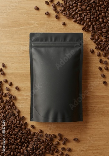 Matte black coffee bag on a wood table surrounded by loose coffee beans