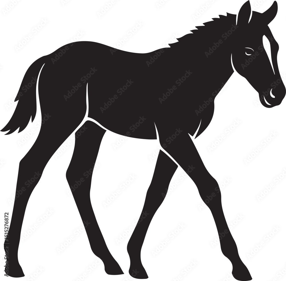 Obraz premium Foal walking silhouette young horse art, Baby horse silhouette clean black outline