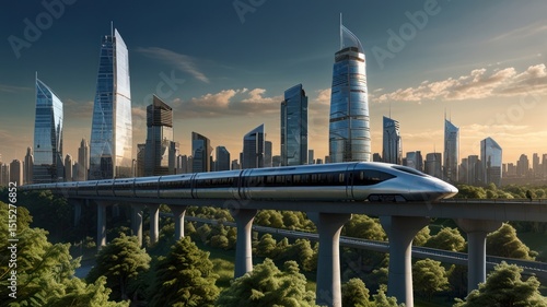 Futuristic city with high-speed train