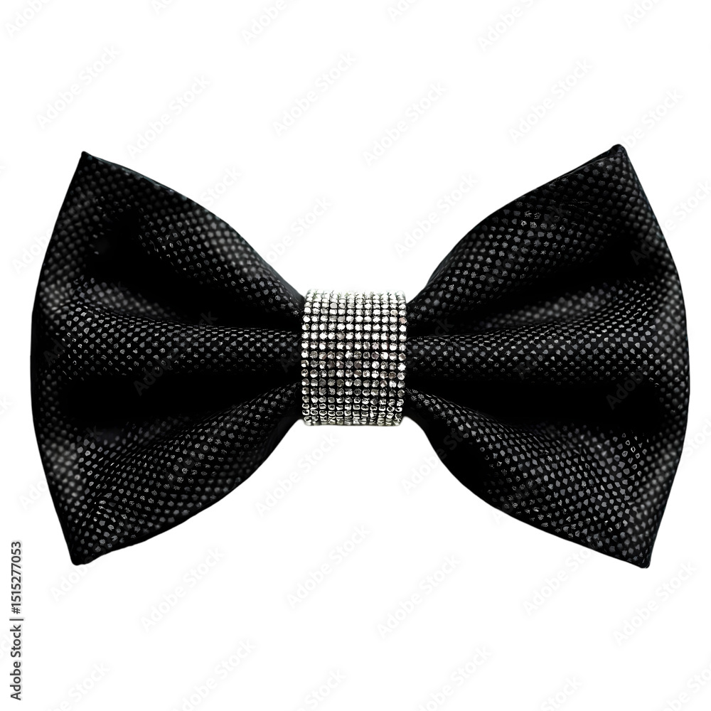 A close up of a black bow tie with a silver rhinestone band isolated on transparent background A close up of a black bow tie with a silver rhinestone band isolated on transparent background