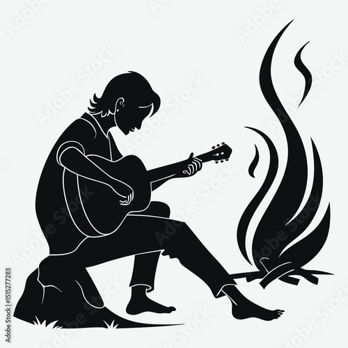 A person playing guitar by a campfire silhouette image vector art and illustration