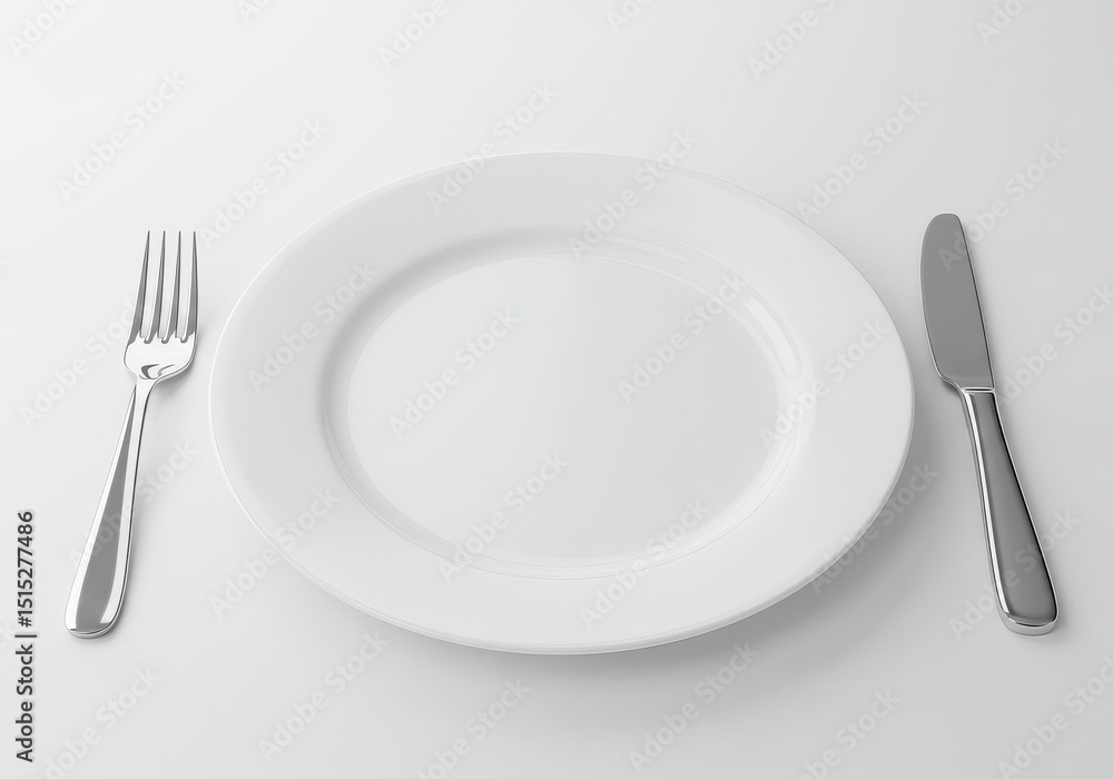 Empty white plate with fork and knife isolated on white background, simple and elegant Empty white plate with fork and knife isolated on white background, simple and elegant