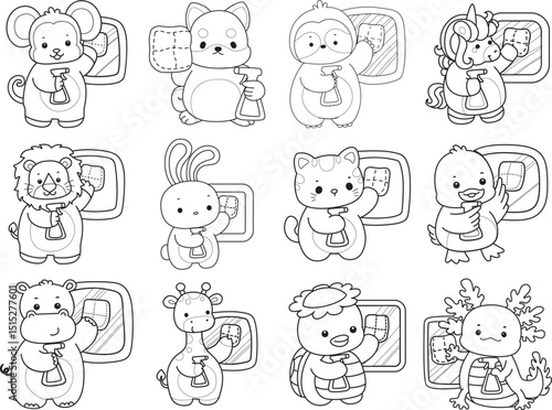 Printable of Cute wild animal vector icon. Outline of Fluffy pet stickers.
