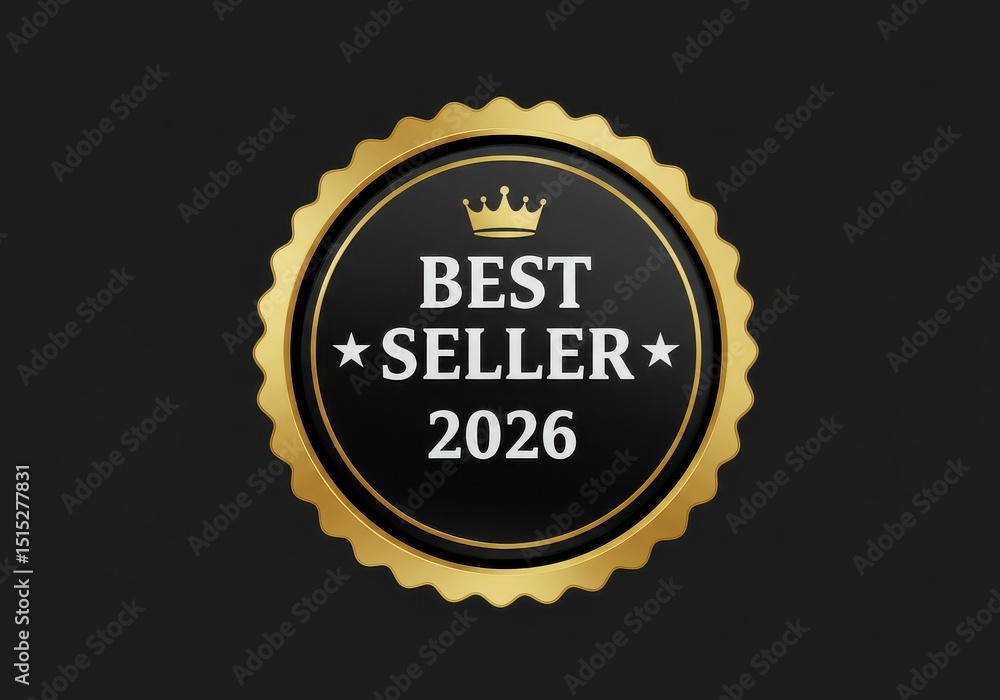 Best seller 2026 golden badge with crown on black background