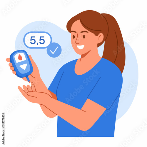 Healthy Blood Sugar Reading: A woman checks blood sugar levels, holding a blood glucose meter to show a healthy reading, emphasizing the importance of health management.