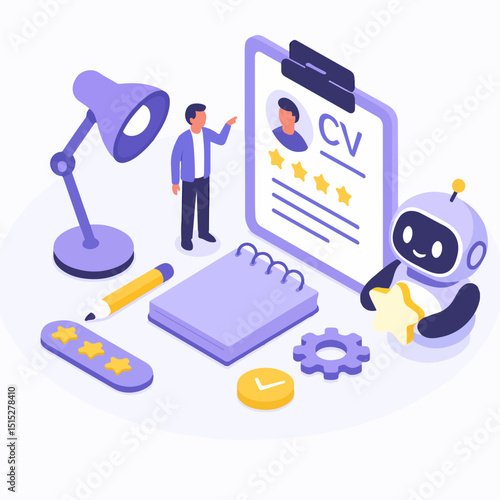 AI-Powered Recruitment:  A futuristic isometric illustration depicting a robot reviewing a CV alongside a human recruiter, symbolizing the efficiency and effectiveness of AI in the hiring process.
