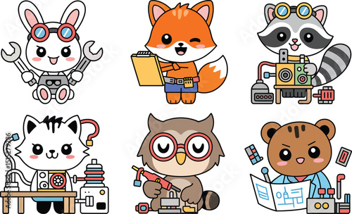Cartoon Animal Scientists and Engineers Vector Illustration. Cute Rabbit, Fox, Raccoon, Cat, Owl, Bear with Tools and Machines