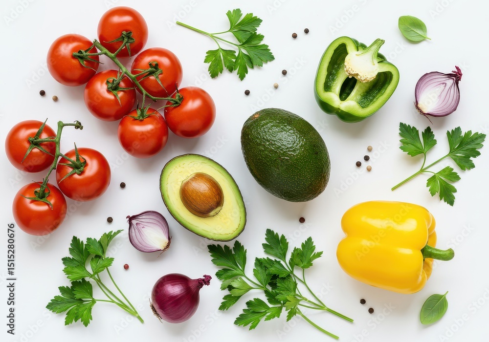 Fresh tomatoes, avocado, peppers, and onions isolated on white background Fresh tomatoes, avocado, peppers, and onions isolated on white background