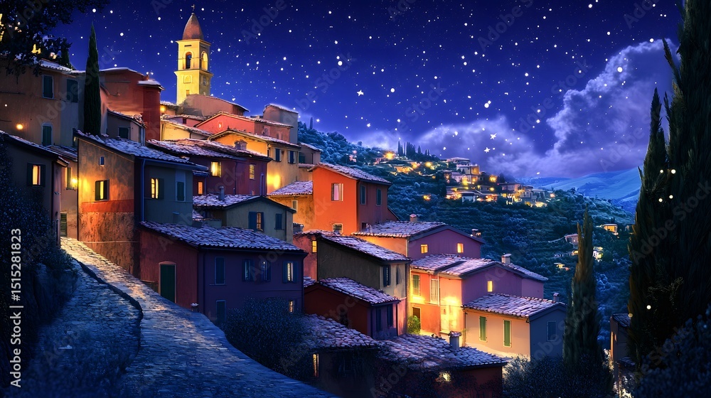 Naklejka premium Charming hilltop village under a starry night sky in Tuscany Italy illustration