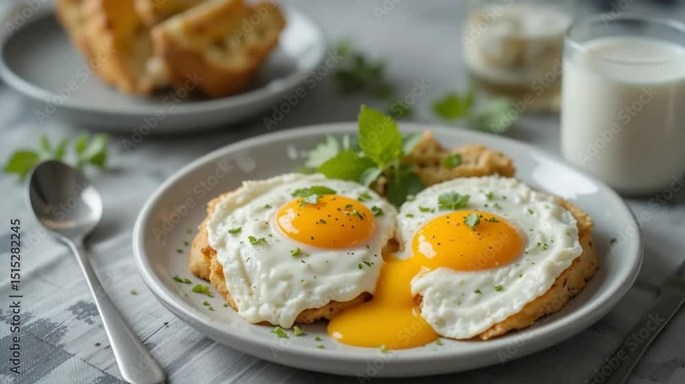 Delicious sunny side up eggs breakfast with toast and milk on a modern aesthetic table Delicious sunny side up eggs breakfast with toast and milk on a modern aesthetic table