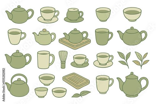 Tea set icons with teapots, cups, leaves, and trays in soft green style