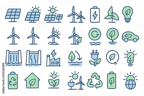 Set of eco energy and sustainability icons in modern outline style