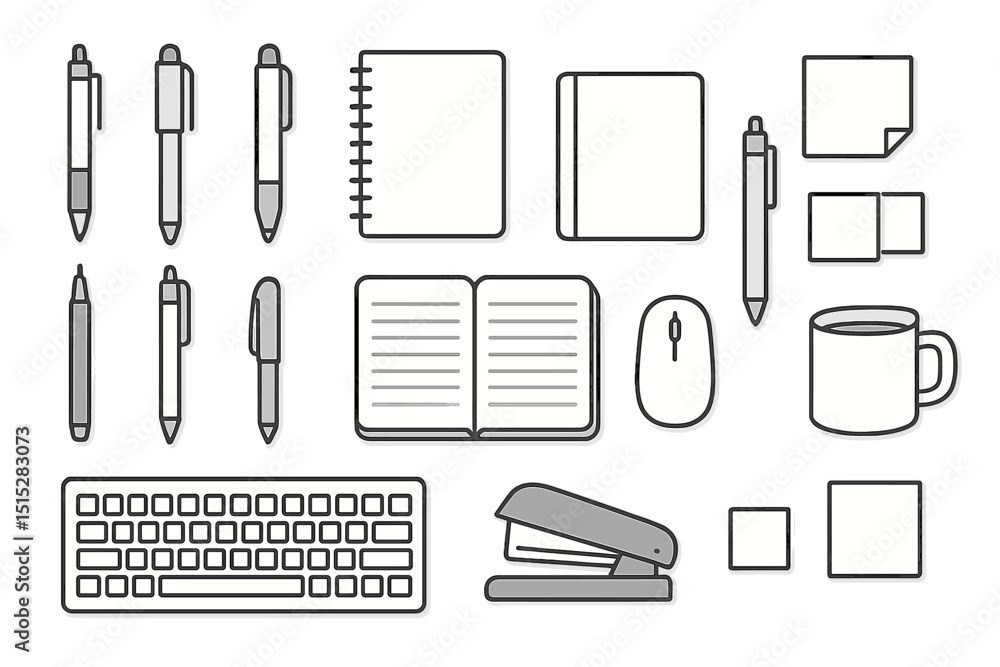 Minimalist black and white icons of office supplies and tools Minimalist black and white icons of office supplies and tools