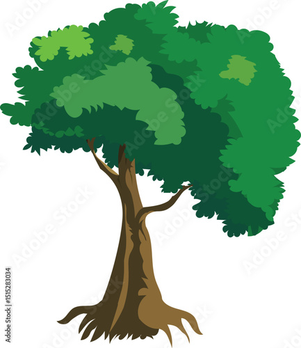 Cartoon Tree Vector with Tall Brown Trunk, Spread Roots and Green Leafy Canopy for Animation Background, Forest Game Scene, Village Story or Explainer Video Illustration

