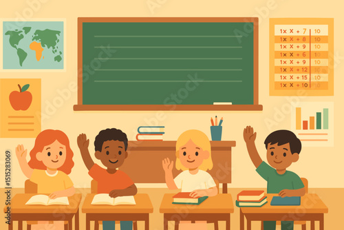 Happy school children raising hands in classroom illustration