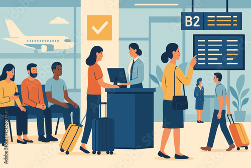 Flat illustration of people waiting and boarding at airport gate