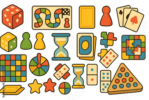 Hand-drawn board game elements and colorful game pieces