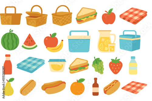 Colorful flat icons of picnic food and outdoor meal items