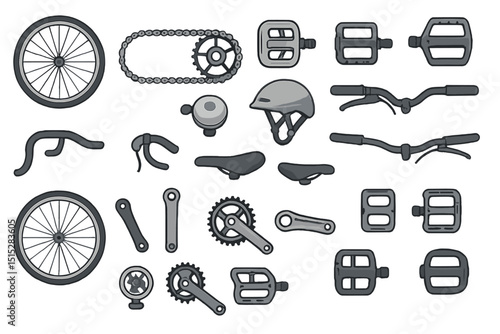 Bicycle parts and accessories icons in dark minimalist style