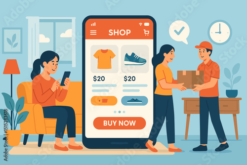 Online shopping and delivery service flat illustration