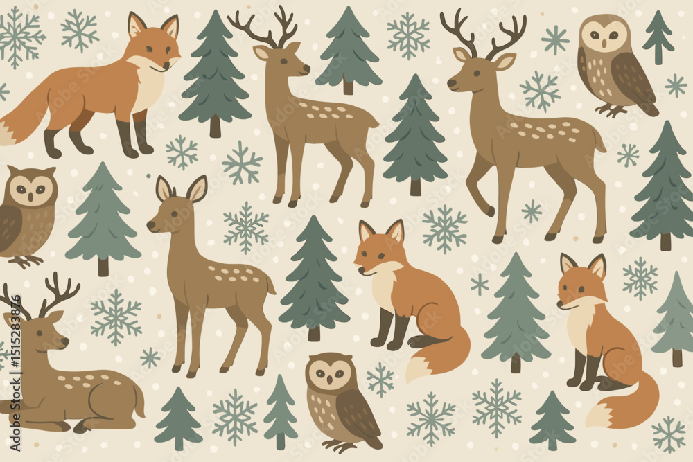 Seamless winter forest pattern with deer, foxes, owls, and trees Seamless winter forest pattern with deer, foxes, owls, and trees