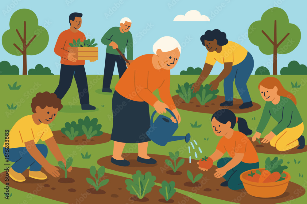 Illustrated group of people gardening together outdoors Illustrated group of people gardening together outdoors