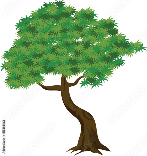 Curved Cartoon Tree Vector with Twisting Trunk and Leafy Green Crown for Animation Background, Forest Game Environment, Village Nature Scene, Educational or Explainer Projects Design

