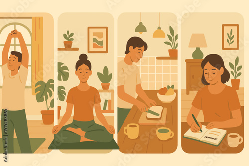 Morning routine illustration with yoga, journaling, and breakfast