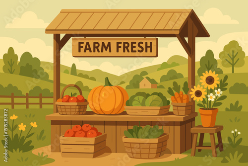 Rustic farm stand with fresh produce and countryside view