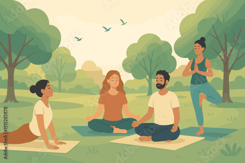 Illustrated group practicing yoga and meditation in a park