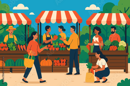 Colorful farmers market scene with people buying fresh vegetables outdoors