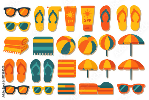 Bright flat icons of summer beach items and accessories