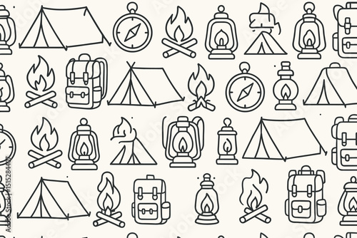 Seamless camping icons pattern with tents and campfires