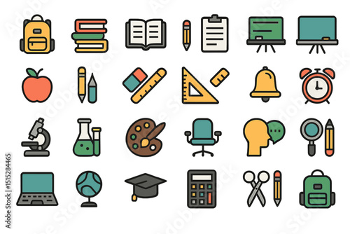 Set of colorful education and school icons for learning and teaching