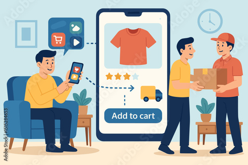 Illustration of online shopping and delivery using a mobile app
