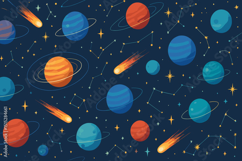 Seamless pattern with colorful planets, stars, and constellations