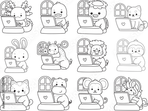 Outline of Cute wild animal vector icon. Lineart of Fluffy pet stickers.
