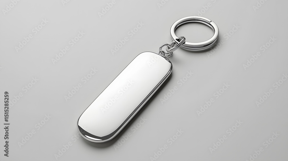 Polished metal key fob on a light gray surface. Polished metal key fob on a light gray surface.