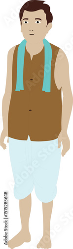 Cartoon Vector of Traditional Indian Village Man Wearing Dhoti, Sleeveless Vest and Towel | Desi Character for Animation, Explainer Videos, 2D Games, Folk Stories, and Puppet Rigging

