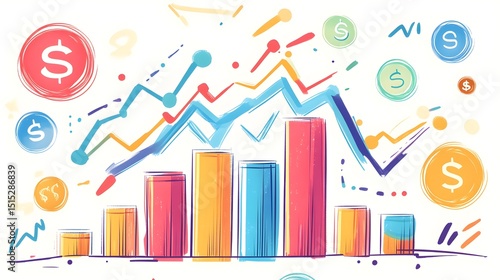 Colorful financial graphic with rising and falling graphs and money symbols.