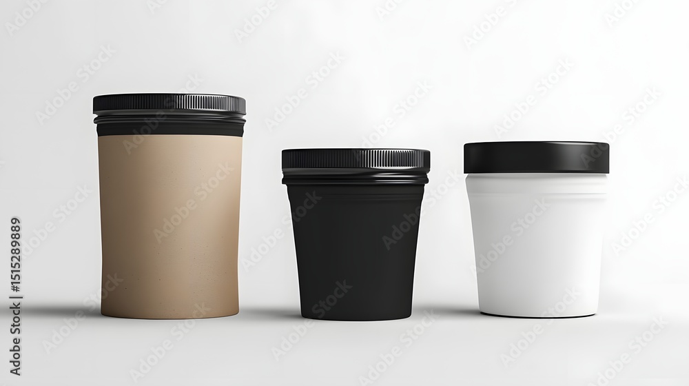 Three blank cosmetic containers in various colors. Three blank cosmetic containers in various colors.