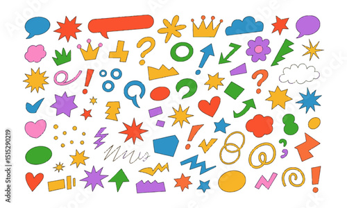  A vibrant and playful hand-drawn doodle set in modern vector style, feature a variety of simple and colorful sketch elements including speech bubbles, crowns, stars, arrows, easily editable.