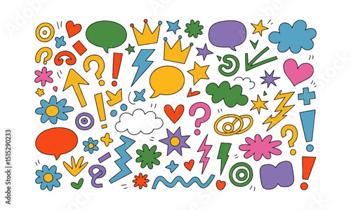  A vibrant and playful hand-drawn doodle set in modern vector style, feature a variety of simple and colorful sketch elements including speech bubbles, crowns, stars, arrows, easily editable.