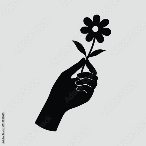 Silhouette hand holds elegant flower with petals flat Vector Illustration