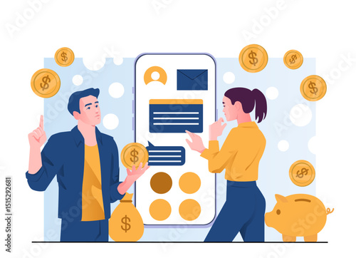 Man and woman discussing mobile banking app interface with floating coins, digital style, on abstract dotted background. Concept of online financial planning. Vector illustration