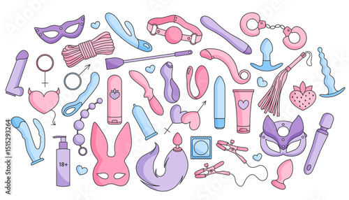 Big vector set of adult sex toys, accessories for bdsm sex games, linear pink, blue and violet icons, doodle and sketch style, hand drawing