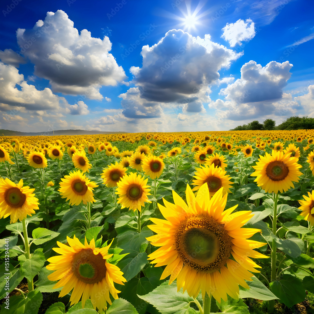 Fototapeta premium Sunflower field under bright blue sky