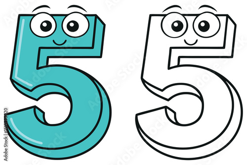 A cheerful turquoise cartoon number five stands beside its black and white version