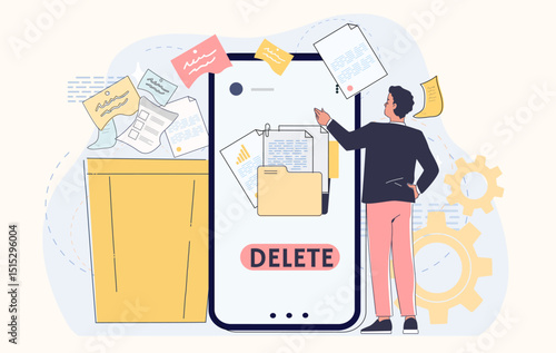 Man deleting documents through a smartphone interface, modern flat graphic style, on a light abstract background. Concept of data management and file deletion. Vector illustration