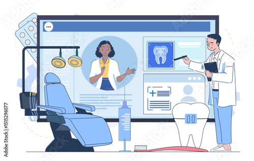 Dentist in modern clinic using digital screen for dental analysis, with chair, syringe, toothbrush, and large tooth model on white background. Concept of dental care. Vector illustration